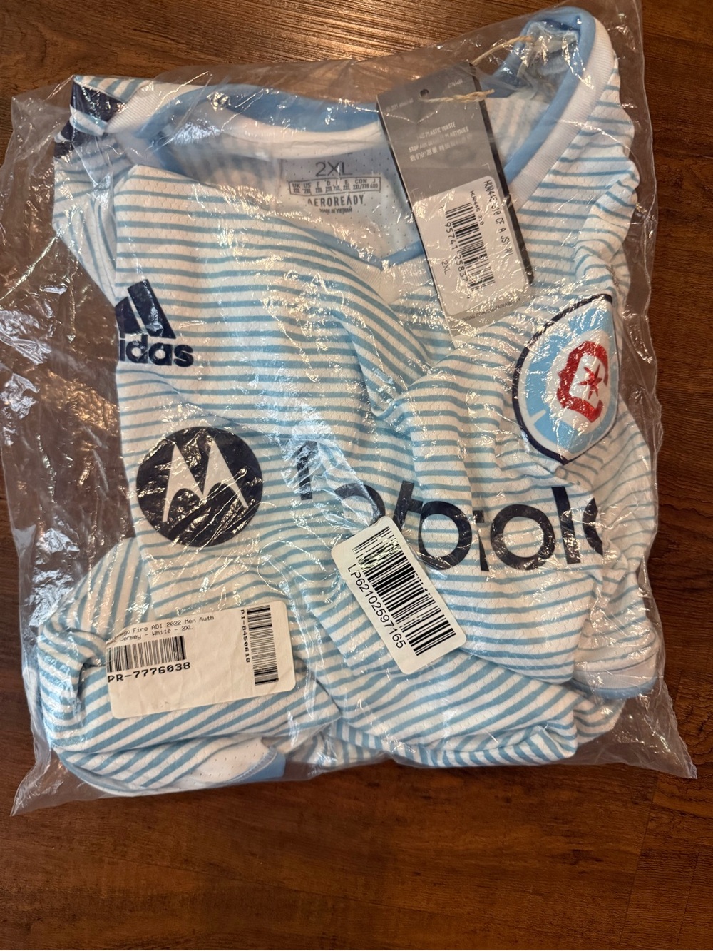 Adidas Mens Light Blue & White Striped Soccer Jersey